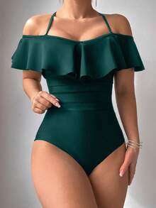 Vaytide Women's Summer Vacation Beach Solid Color Ruffle One-Piece Swimsuit - Teal Blue - View 4