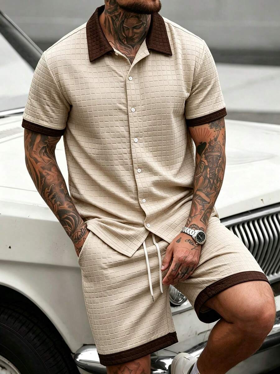 Manfinity CasualCool Conjunto de polo y pantalones cortos con bloques de color para hombre - Caqui - Ver 1