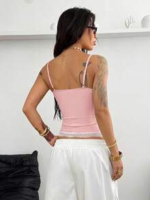 Coolane Áo tank top nữ mùa hè dễ thương, mặc hàng ngày, phối ren tương phản và nơ, dáng ôm, màu xanh dương. - Màu Hồng baby - Xem 2
