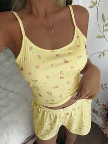 CottageSlumber 2pcs Ditsy Floral Camisole And Shorts Pajama Set, Sweet And Comfortable For Summer - Yellow - View 6