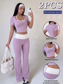 Aidyla Bộ đồ tập yoga nữ màu tím dệt kim tay ngắn dây mảnh và quần ống đứng, trang phục thường ngày thoải mái cho mùa xuân/hè. - Màu tím - Xem 3