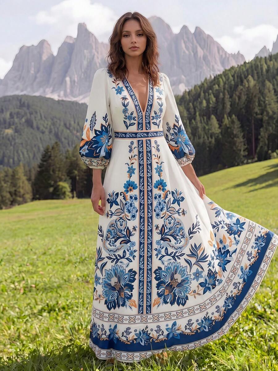 CAJUNI Vestido casual de mujer con estampado floral, cuello en V y mangas farol, para primavera/verano - Beis - Ver 1