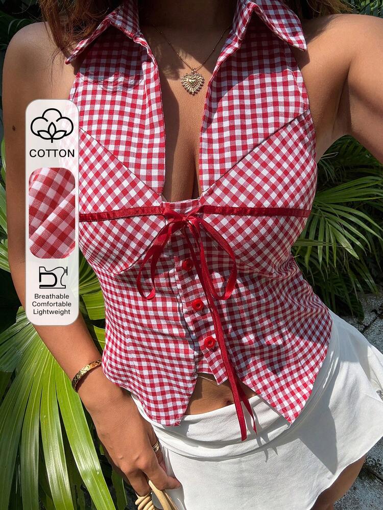 Plaid Patchwork Ribbon Tie Bow Backless Cropped Casual Summer Tank Top For Women