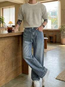 DAZY Quần jeans nam ống đứng dài màu xanh dương bạc màu kiểu vintage - Màu xanh lam - Xem 7