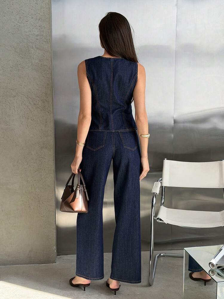 Western Cowgirl Patchwork Contrast Color Cinched Waist Sleeveless Vest & Wide Leg Pants Elegant Summer 2 Pieces Denim Set For Women