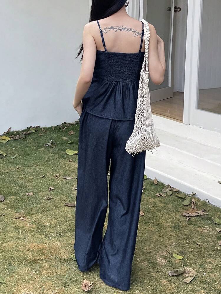 Women's Solid Color Pleated Camisole & Wide Leg Pants Casual Vacation Summer Suit