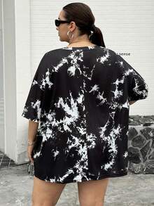 SHEIN CURVE+ 大码女式扎染印花网眼拼接铆钉织带个性化落肩短袖优雅性感街头嘻哈摇滚时尚T恤 - 黑色 - 查看 2