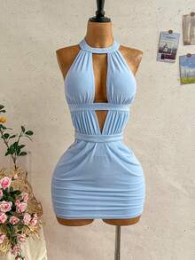 Soleia Women's Light Blue Summer 70s Mini Dress,Hollow-Out Backless Halter Ruched Rhinestone Embellished Boho Beach Vacation Night Out Party Dress - Blue - View 7