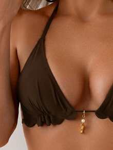 Swim Vcay Women's Simple Holiday Style Halter Neck Swimsuit Set In Solid Black Nylon Fabric - 棕色 - 查看 5