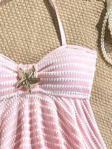 Conjunto de traje de baño de niña preadolescente con cuello de halter, textura de rayas y color rosa - Rosa - Ver 4