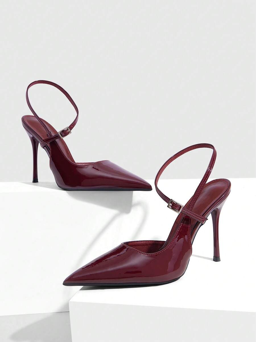 CUCCOO SZL Women's Casual Fashionable Simple Ankle Strap Pointed Toe High Heels, Summer - Burgundy - View 1