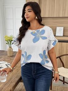 Weeklong 大码女式春夏荷叶边花瓣袖条纹印花休闲度假衬衫 - 彩色 - 查看 4