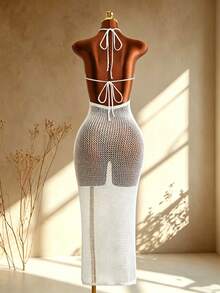 Swim Chiccia Women's Floral Crochet Backless Dress, Elegant For Summer Beach Vacation - White - View 7