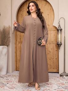 SHEIN Najma Plus Size Women's Contrast Lace Long Sleeve Single-Breasted Abaya - Coffee Brown - View 6