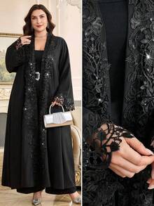 Al Najma Bata abierta elegante con parches y encaje para mujer de talla grande, otoño - Negro - Ver 4