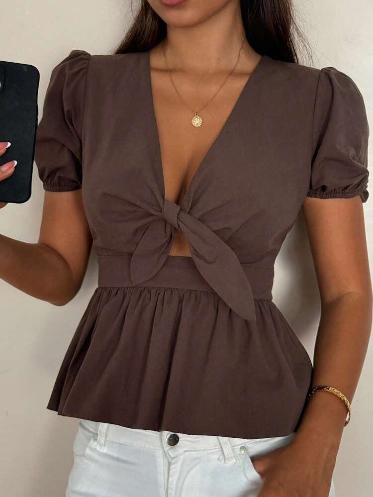 Women's Solid Color V-Neck Hollow Out Ruffle Hem Casual Vacation Puff Sleeve Blouse Shirt