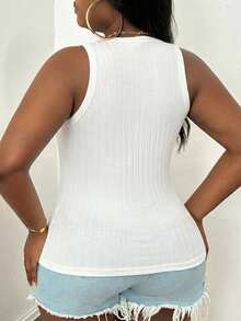 Slaydiva Plus Size Women Summer Casual Commuting Minimalist Solid Color Ribbed Knit Fitted Tank Top - White - View 8