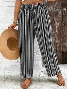 SHEIN VCAY Plus Size Women Striped Drawstring Waist Casual Versatile Daily Wear Pants - Black - View 4