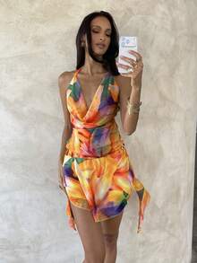 Aloruh 女士优雅深V领系带波点印花沙滩度假迷你连衣裙 - 彩色 - 查看 6