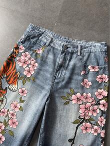 ROMWE MEN Street Life Quần short denim nam in họa tiết hoa cổ điển - Màu xanh lam - Xem 4