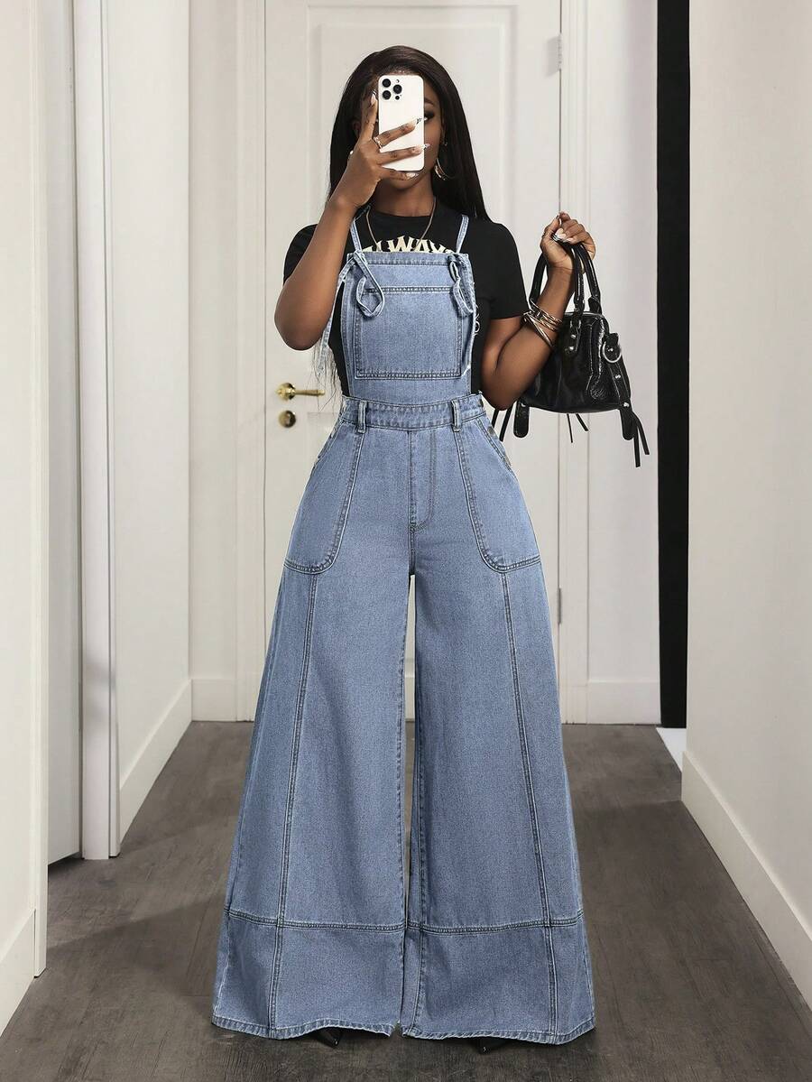 Slaydiva Women's Solid Color Minimalist Casual Denim Jumpsuit - Light Wash - View 1