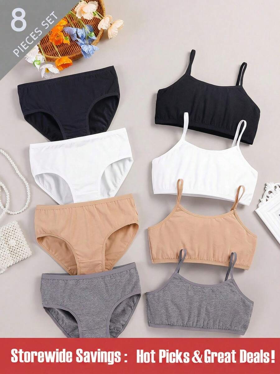 SHEIN 青春期女孩内衣套装，多色吊带短款上衣和比基尼内裤多件装，时尚纯棉柔软内衣套装，适合所有季节 - 彩色 - 查看 1