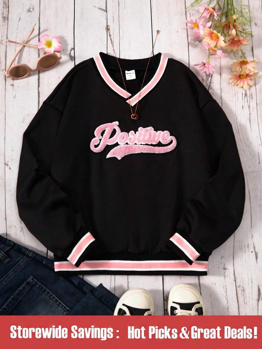 SHEIN 女大童字母圖案拼接邊運動衫 - 黑色 - 查看 1