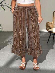 Weeklong Plus Size Women Vintage Chiffon Floral Wide Leg Pants With Elastic Waist & Double Ruffle Hem, Capri Length - Brown - View 3