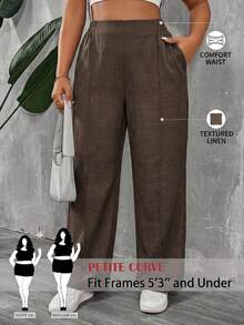 SHEIN PETITE CURVE CURVE 大尺碼新款大尺碼女裝小個子女孩咖啡棕色直筒長褲，辦公穿搭休閒日常穿著，適合通勤，高腰設計讓您顯瘦且腿部更長，適合小個子女性。高腰設計讓您顯瘦且腿部更長，適合小個子女性。適合所有季節和場合，適合小個子女孩女性，夏季長褲長褲套裝度假套裝女裝長褲套裝，寬腿褲，辦公長褲，長褲，優雅長褲 - 咖啡棕 - 查看 2