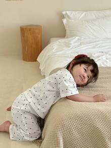 Dazy Kids 2件套女婴波点领长袖衬衫和裤子家居服套装 - 白色 - 查看 5
