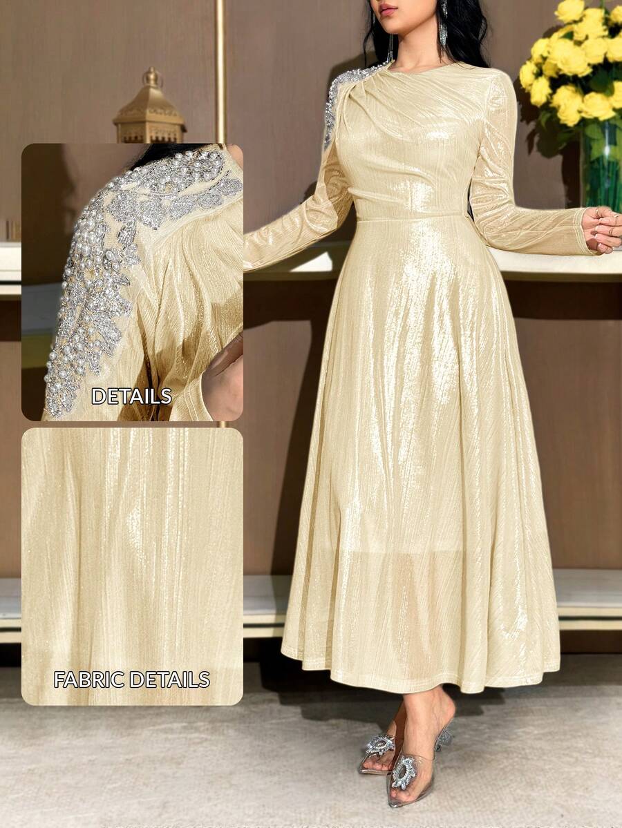 Modelyn Women's Yellow Pearl Decor Round Neck Long Sleeve Mid-Length Dress ,Spring Dresses For Women,Elegant Dress