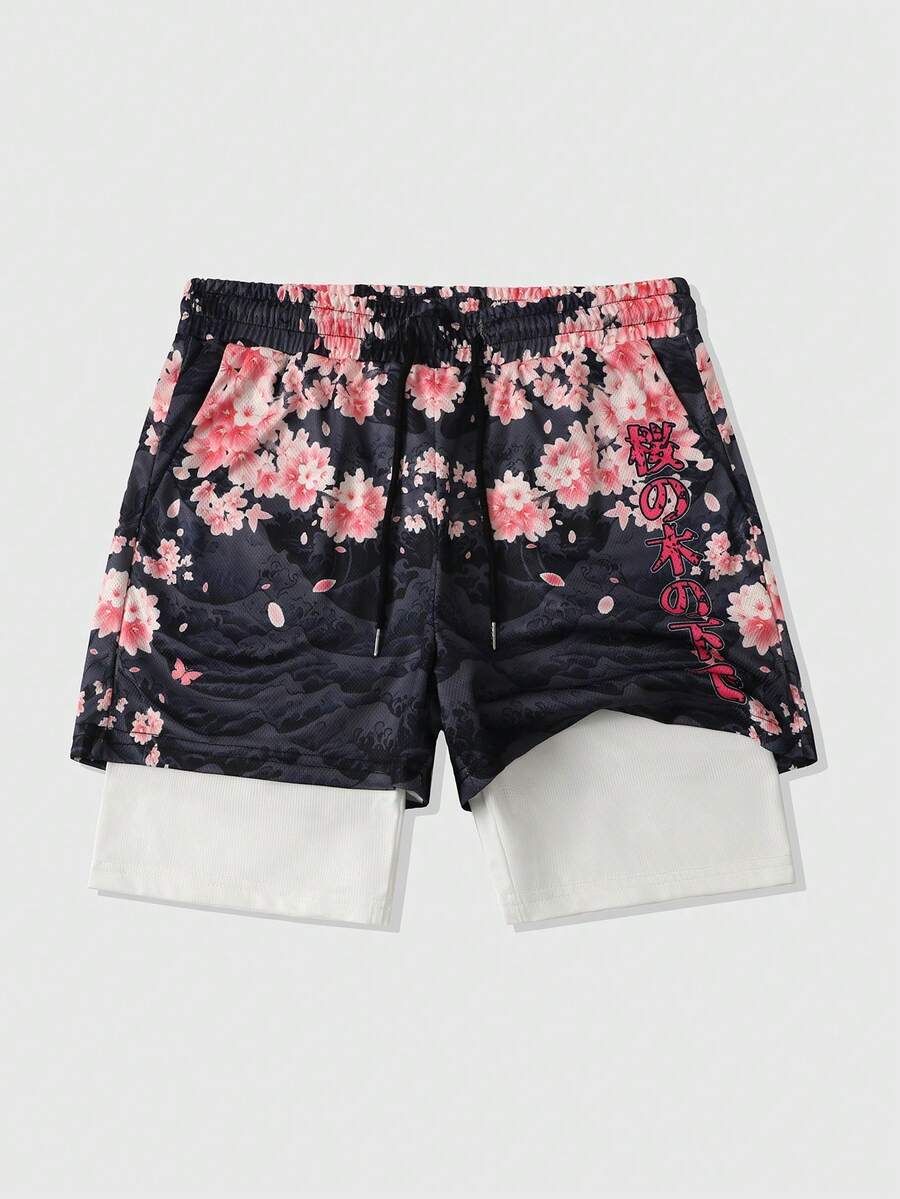 ROMWE MEN Anime Quần short bóng rổ nam in họa tiết, thiết kế 2 trong 1, thích hợp mặc hàng ngày vào mùa xuân/hè. - màu đen - Xem 1