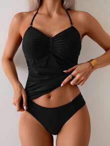 Swim Lushoire Women's Casual Versatile Ruched Fitted Camisole & Bikini Set - Black - View 3