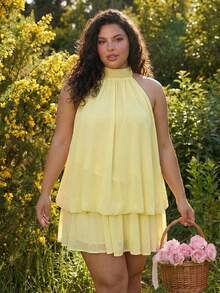 SHEIN CURVE+ Plus Size Women's Elegant 1950s Vintage Traditional Butter Yellow Backless Tie Strap Mini Dress,Summer Picnic Vacation Date Night Out Honeymoon - Yellow - View 4