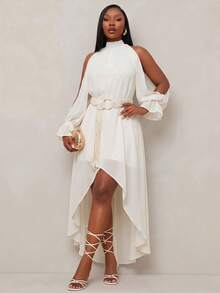 Radiana Plus Size Women's Chiffon High Neck Cold Shoulder Lantern Sleeve Asymmetrical Hem White Autumn Elegant Party Vacation Holiday Dress With Macrame Belt - Apricot - View 2