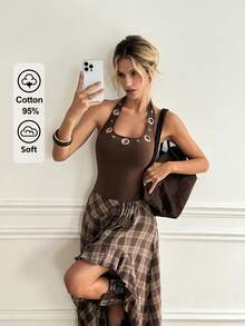 SHEIN Damen sexy Straßen-Metalring-Dekor ärmelloses figurbetontes gestricktes Camisole Top, modisch vielseitig schlanke Passform Unterhemd für Musikfestivals, tiefes Kaffeebraun - Kaffeebraun - Übersicht 1