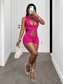 SHEIN BamGlam Bộ đồ 2 mảnh màu trơn cổ tròn không tay ôm sát, khoét lỗ, thời trang, thích hợp cho mùa hè. - Màu Hồng Tươi - Xem 4