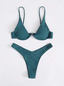 SHEIN Swim 單色比基尼套裝鋼圈文胸和高衩下裝2入組泳衣 - 水鴨藍 - 查看 3