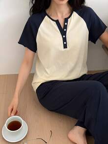 DAZY 2pcs/Set Women's Casual Contrast Color Raglan Sleeve Loose Long Tee And Shorts Pajama Set, Summer - Apricot - View 3