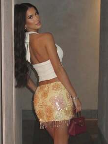 Lumalex Summer Sequin & Bead Floral Embellished Tassel Tie-Up Mini Skirt For Women This Garment Effortlessly Transitions From Beach Strolls To Weekend Gatherings And Celebratory Dinners, Embodying The Charm Of Quiet Luxury And Striking Party Flair Whether At Birthday Bashes Or Fashionable Soirées Graduation Elegant Luxury Vacation - Multicolor - View 11