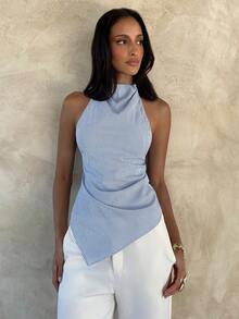 Aloruh Women's Striped Print Halter Asymmetric Hem Sleeveless Top - Blue and White - View 4