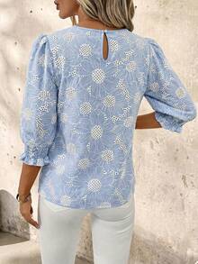 SHEIN Clasi Blusa de cuello redondo con bordado romántico de margaritas - Azul - Ver 2
