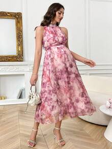 SHEIN 夏季孕妇无袖立领印花优雅休闲连衣裙 - 淡紫色 - 查看 1