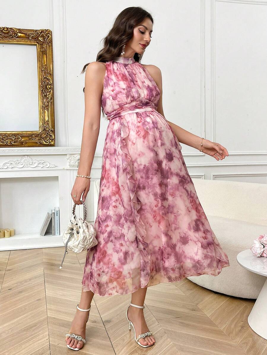 SHEIN 夏季孕妇无袖立领印花优雅休闲连衣裙 - 淡紫色 - 查看 1