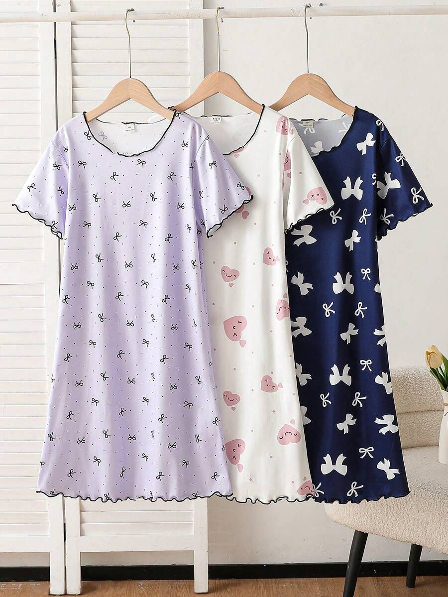 SHEIN 3件套女童可爱波点爱心图案舒适长款睡衣家居服套装 - 彩色 - 查看 1