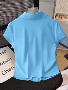 Camiseta casual de mujer de manga corta con cuello de polo, unicolor y de un solo abotonamiento - Celeste - Ver 2