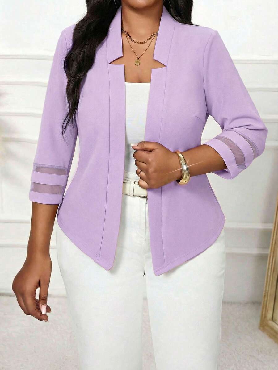 SHEIN Lady 秋冬季大码女式浅紫色时尚优雅休闲网纱拼接西装外套 - 淡紫色 - 查看 1