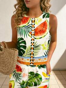 Vaclyn Women's Tropical Plant Print Sleeveless Casual Top - Multicolor - View 3