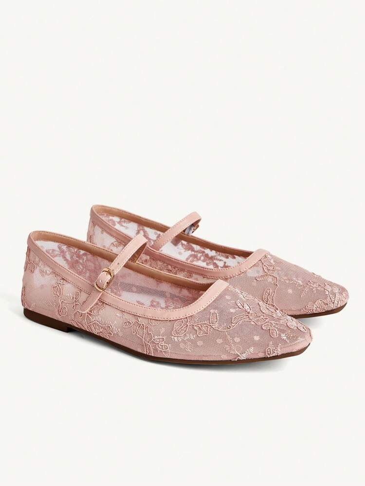 CUCCOO CHICEST Women Shoes Small Square Toe Flat Bottom Pink Lace Mesh Breathable Women's Low Vamp Flat Sole Shoes Light, Comfortable And Simple Commuting Daily Versatile Mary Jane Women Flat Sole Shoes