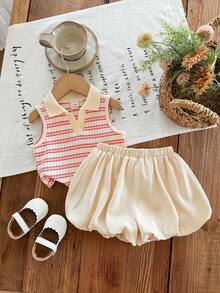 SHEIN LMoss Kids Babygirl Cute Summer Striped Polo Collar Tank Top And Elastic Waist Ruffle Shorts Set - Baby Pink - View 7